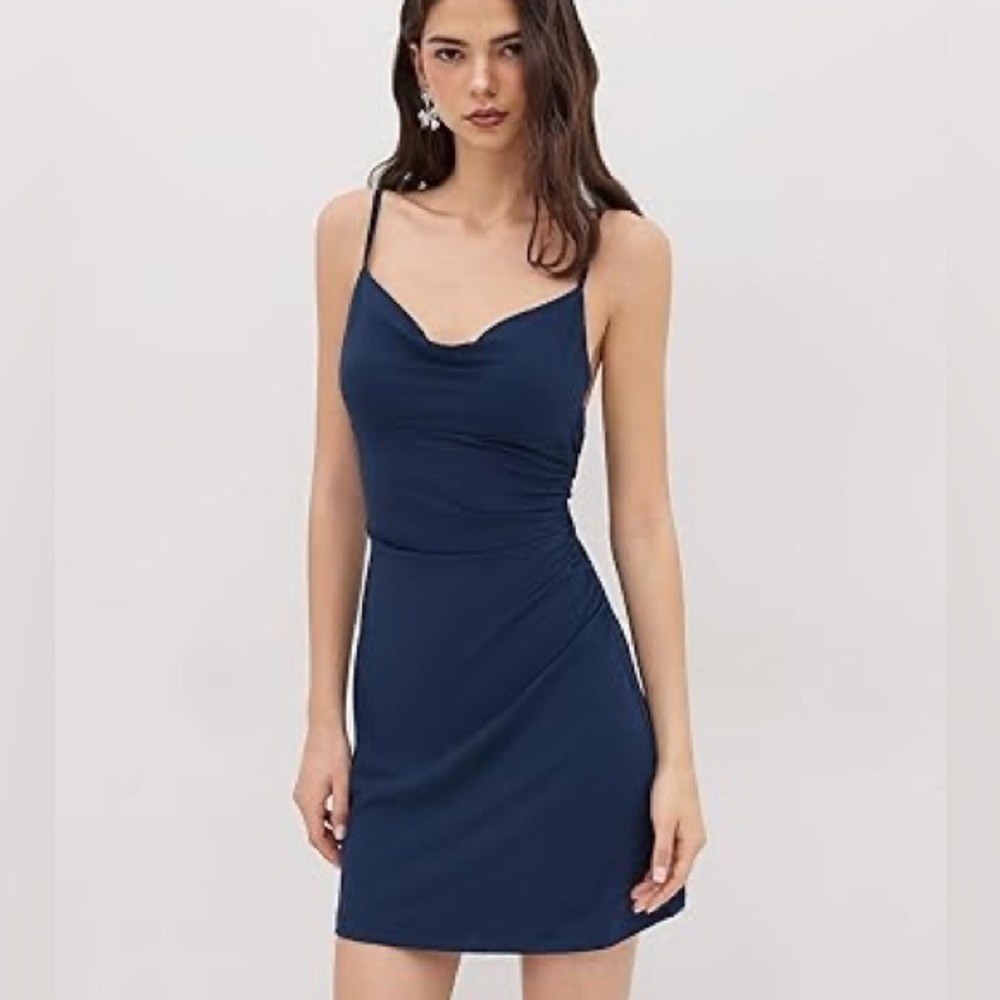 Cider Navy Satin Cowl Neck Mini Slip Dress Size Large